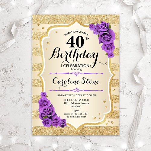 40th Birthday _ Gold Stripes Purple Roses Invitation