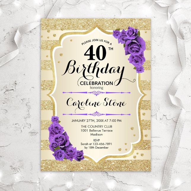 40th Birthday - Gold Stripes Purple Roses Invitation