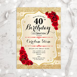 40th Birthday - Gold Stripes Roses Invitation<br><div class="desc">40th Birthday Invitation. Elegant design in gold and red. Features faux glitter gold stripes,  red roses stylish script font and confetti. Perfect for a glam birthday party.</div>