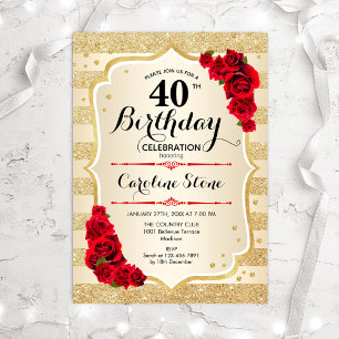 40th Birthday - Gold Stripes Roses Invitation