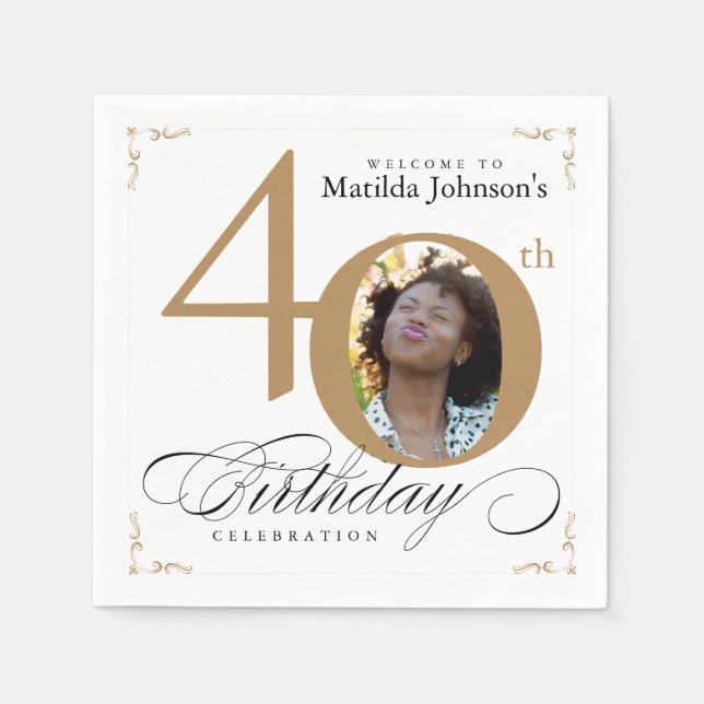 40th Birthday Gold White Calligraphy Custom Photo Napkins (Front)