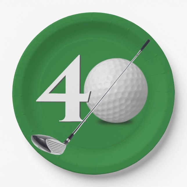 40th Birthday Golf Ball and Club On Green Paper Plates (Front)