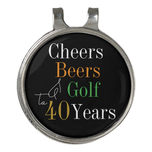 40th Birthday Golf Cheers Beers Black and Gold Hat Clip (Front)