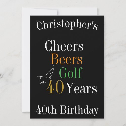 40th Birthday Golf Cheers Beers Black Gold Party Invitation