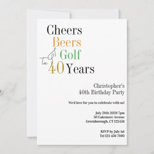 40th Birthday Golf Cheers Beers Minimal Party Invitation