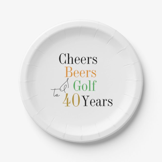 40th Birthday Golf Cheers Beers Minimal Party Paper Plates (Front)