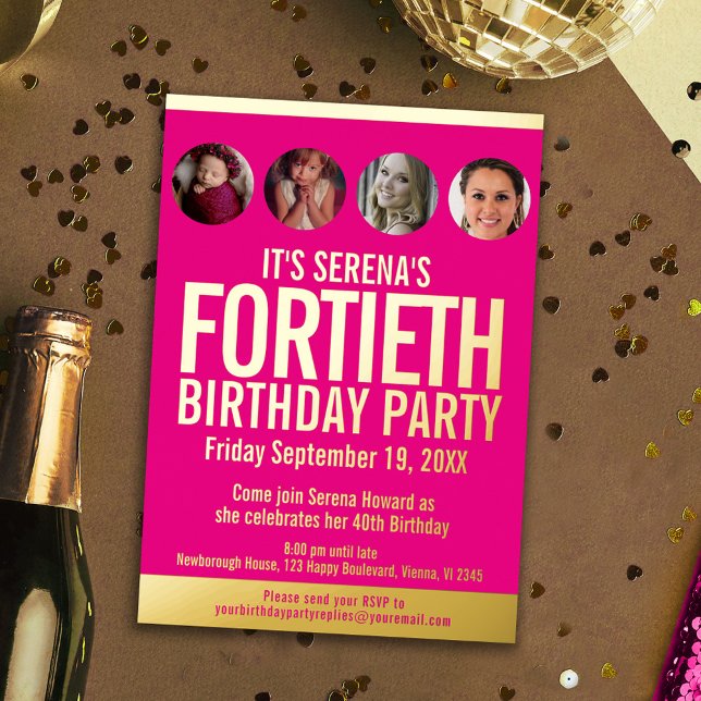 40th Birthday graphic pink gold foil photo circles Foil Invitation (Creator Uploaded)