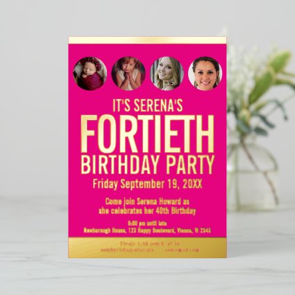 40th Birthday graphic pink gold foil photo circles Foil Invitation