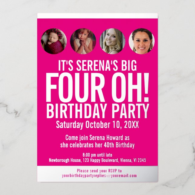 40th Birthday graphic pink gold foil photo circles Invitation (Front)