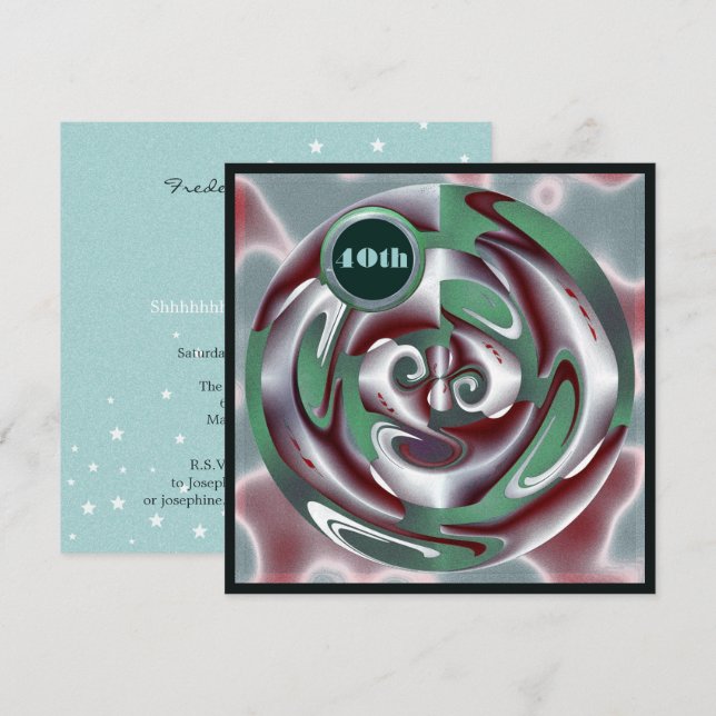 40th Birthday Green and Red Digital Art Invitation (Front/Back)