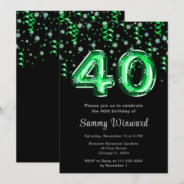 40th Birthday Green Balloons Snowflake Confetti Invitation (Front/Back)