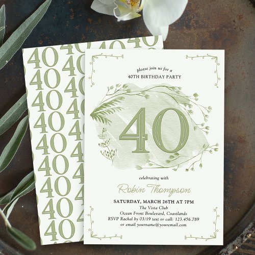40th Birthday Green Dainty Wildflower Number 40 Invitation