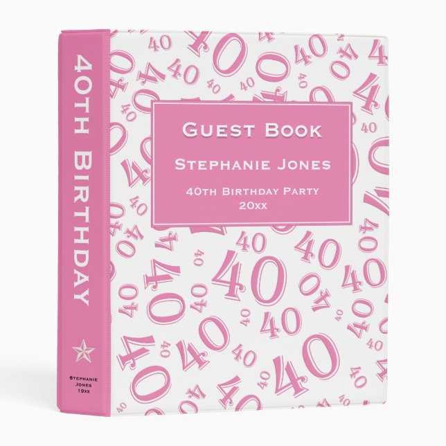 40th Birthday Guest Book Pink Number Pattern Mini Binder (Front/Spine)