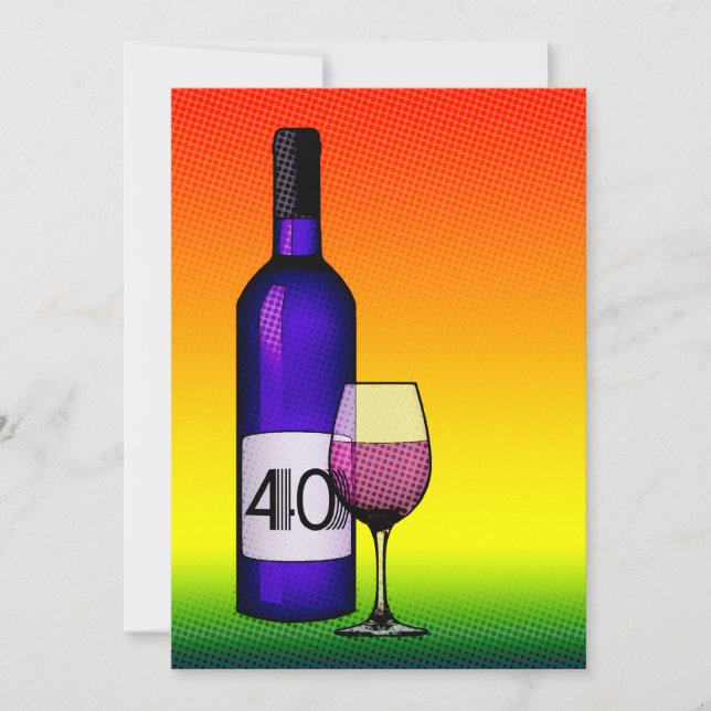 40th birthday : halftone wine bottle & glass invitation (Front)