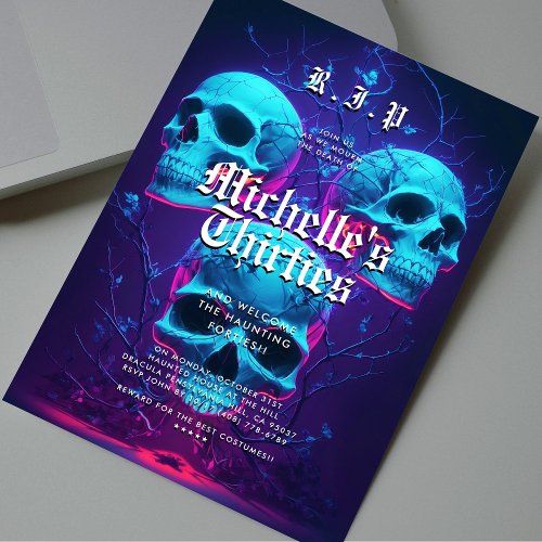 40th Birthday Halloween Party Neon Skull Modern Invitation