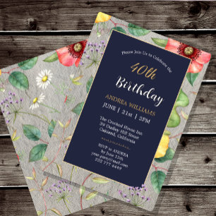 40th Birthday Handmade Vintage Drawing Wildflowers Invitation