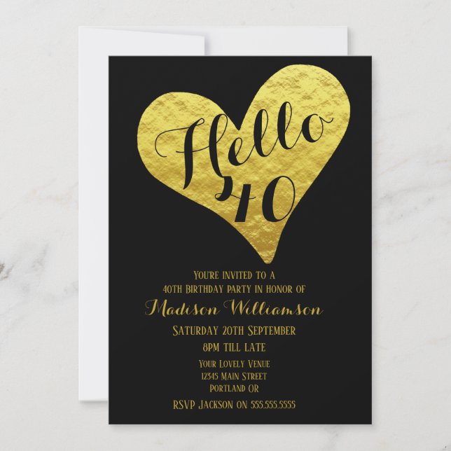 40th Birthday Hello 40 Black and Faux Gold Heart Invitation (Front)