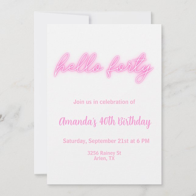 40th Birthday Hello Forty Pink Neon Invitation (Front)