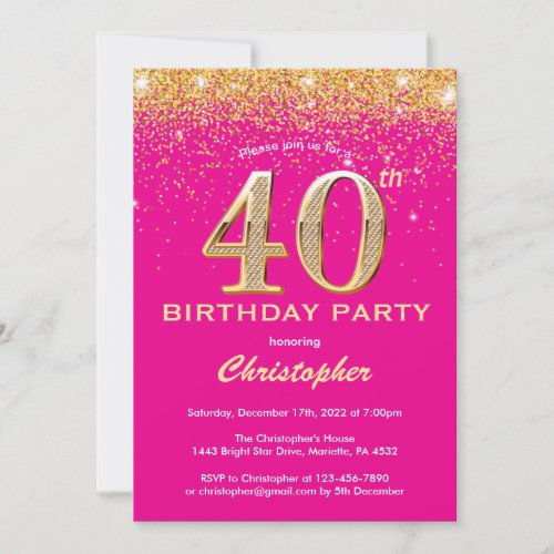 40th Birthday Hot Pink and Gold Glitter Confetti Invitation