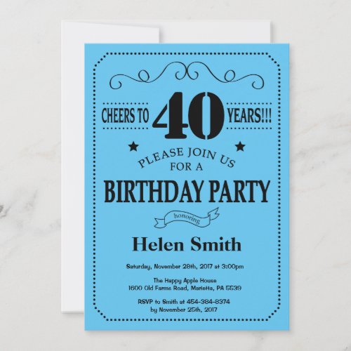 40th Birthday Invitation Black and Blue