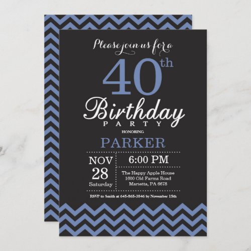 40th Birthday Invitation Black and Blue