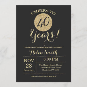 40th Birthday Invitation Black and Gold Glitter
