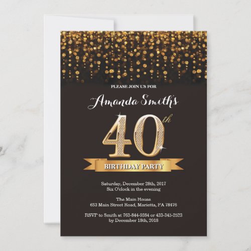 40th Birthday Invitation Black and Gold Glitter