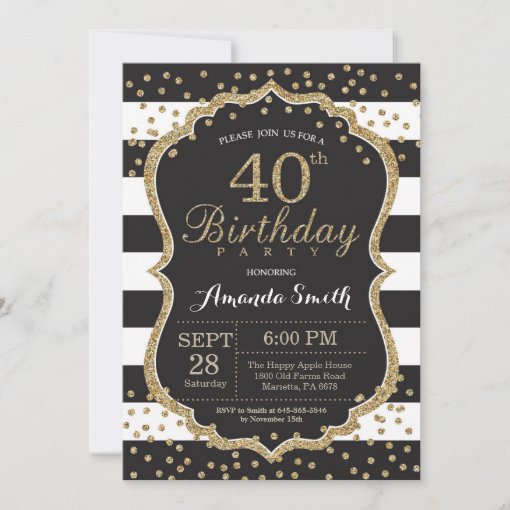 40th Birthday Invitation. Black And Gold Glitter Invitation 