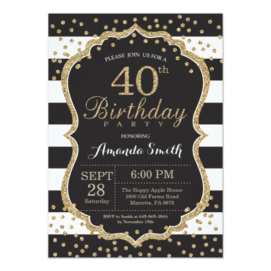 40th Birthday Invitation Black And Gold Glitter Invitation Zazzle Com