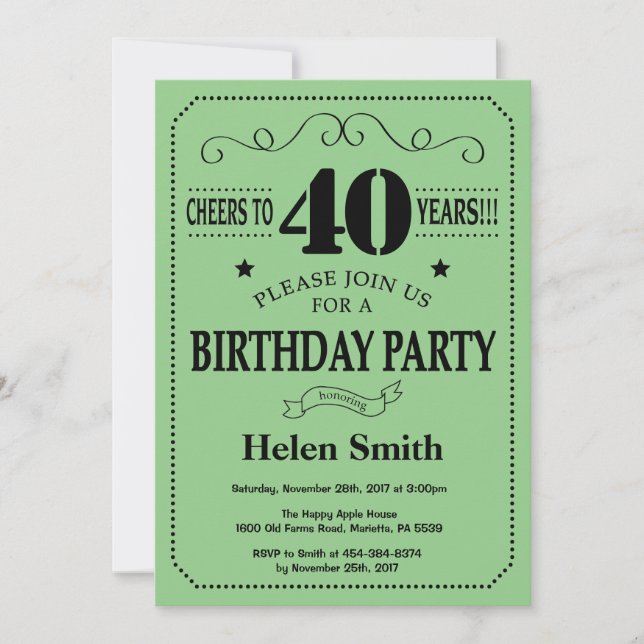 40th Birthday Invitation Black and Green (Front)