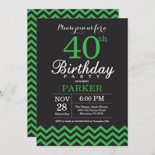 40th Birthday Invitation Black and Green Chevron