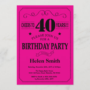 40th Birthday Invitation Black and Hot Pink