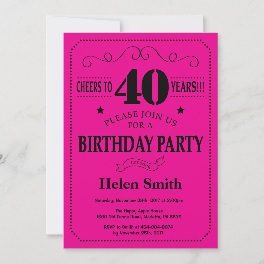 40th Birthday Invitation Black and Hot Pink | Zazzle