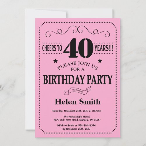 40th Birthday Invitation Black and Pink