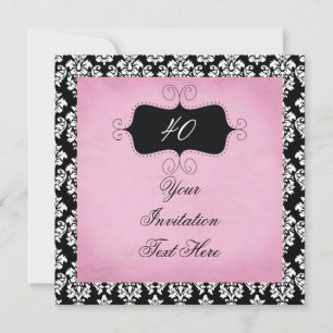 40th Birthday Invitation Black and Pink Damask