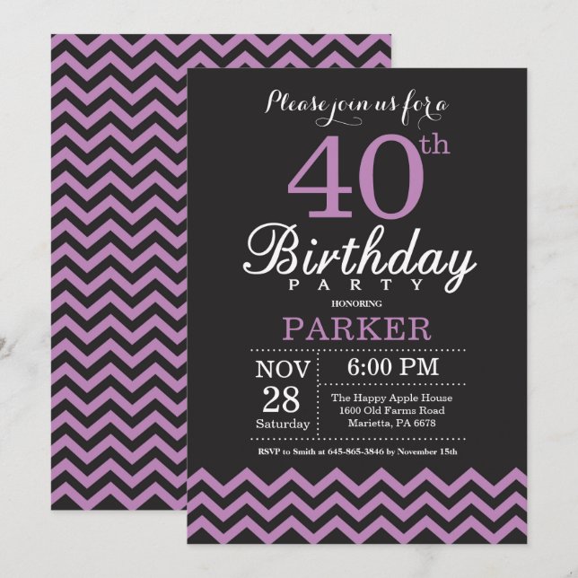 40th Birthday Invitation Black and Purple (Front/Back)