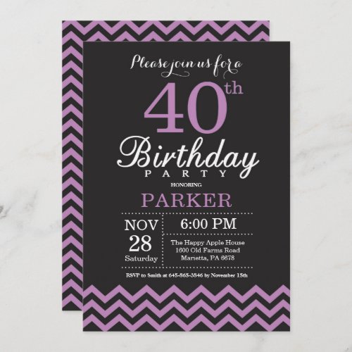 40th Birthday Invitation Black and Purple