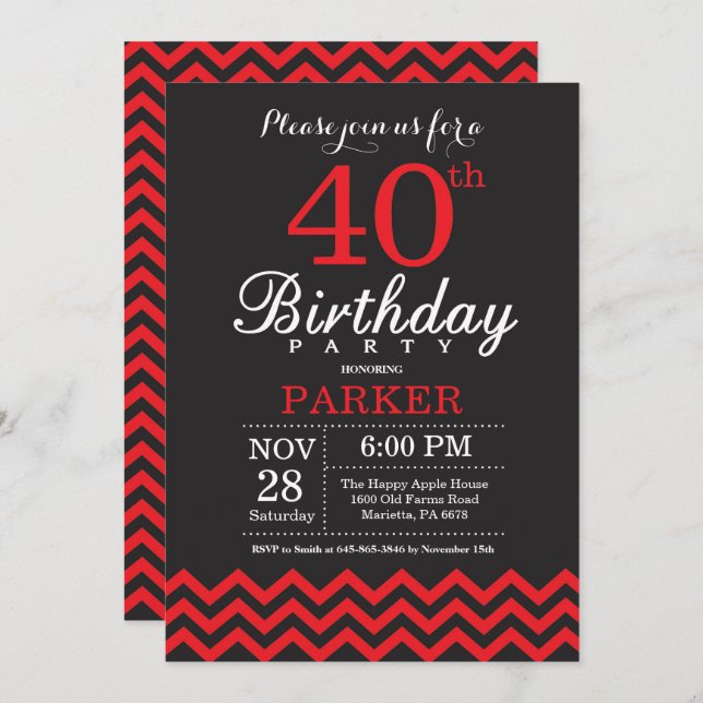 40th Birthday Invitation Black and Red (Front/Back)