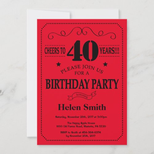 40th Birthday Invitation Black and Red