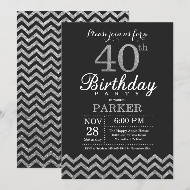 40th Birthday Invitation Black and Silver Glitter (Front/Back)
