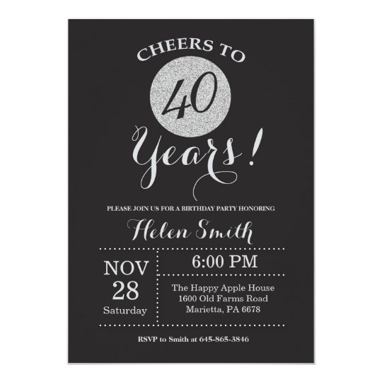 40th Birthday Invitation Black and Silver Glitter | Zazzle.com