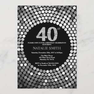 40th Birthday Invitation Black and Silver Glitter