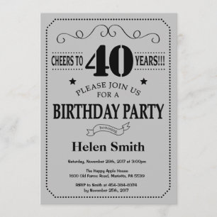 40th Birthday Invitation Black and Silver Gray