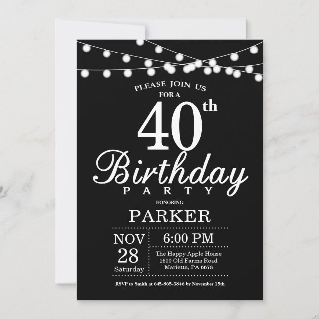 40th Birthday Invitation Black and White (Front)