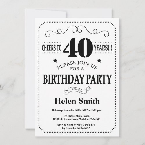 40th Birthday Invitation Black and White