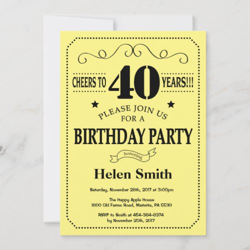 40th Birthday Invitation Black and Yellow