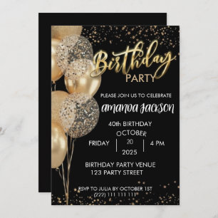 40th Birthday Invitation Black Gold Balloons