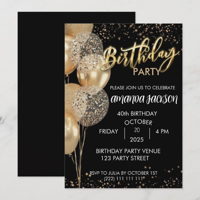 40th Birthday Invitation Black Gold Balloons (Front/Back)