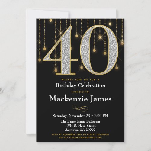 40th Birthday Invitation Black Gold Diamonds Adult