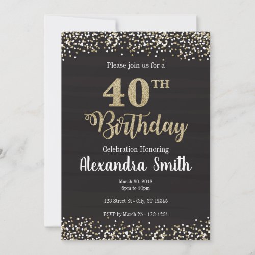 40th Birthday Invitation _ Black with gold glitter